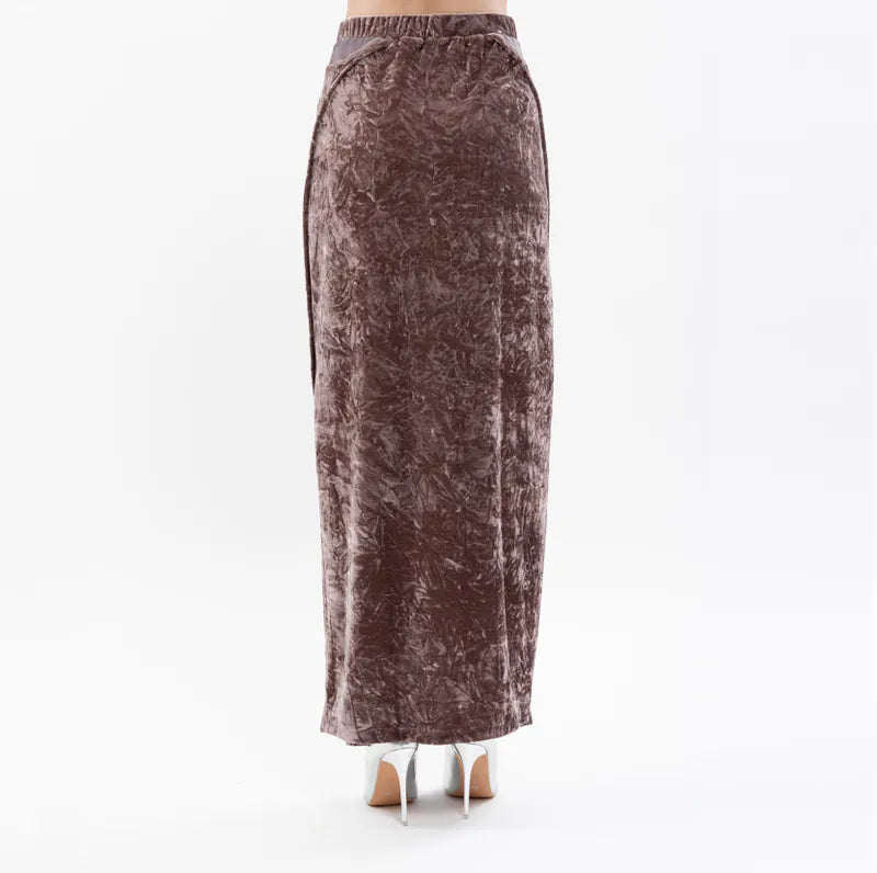 【Seivson 2024SS】光沢布とネットレースのパッチワークベロアスカート -ROSE PINK