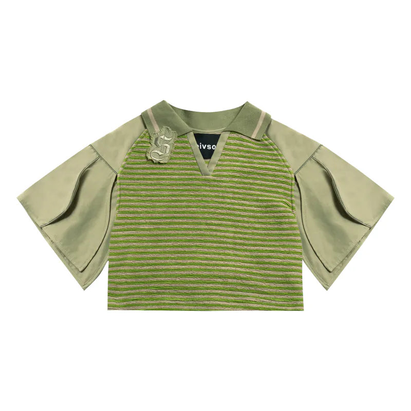 【Urban Cyber Collection】Futuristic Ribbed Collar Patchwork Polo Shirt - GREEN