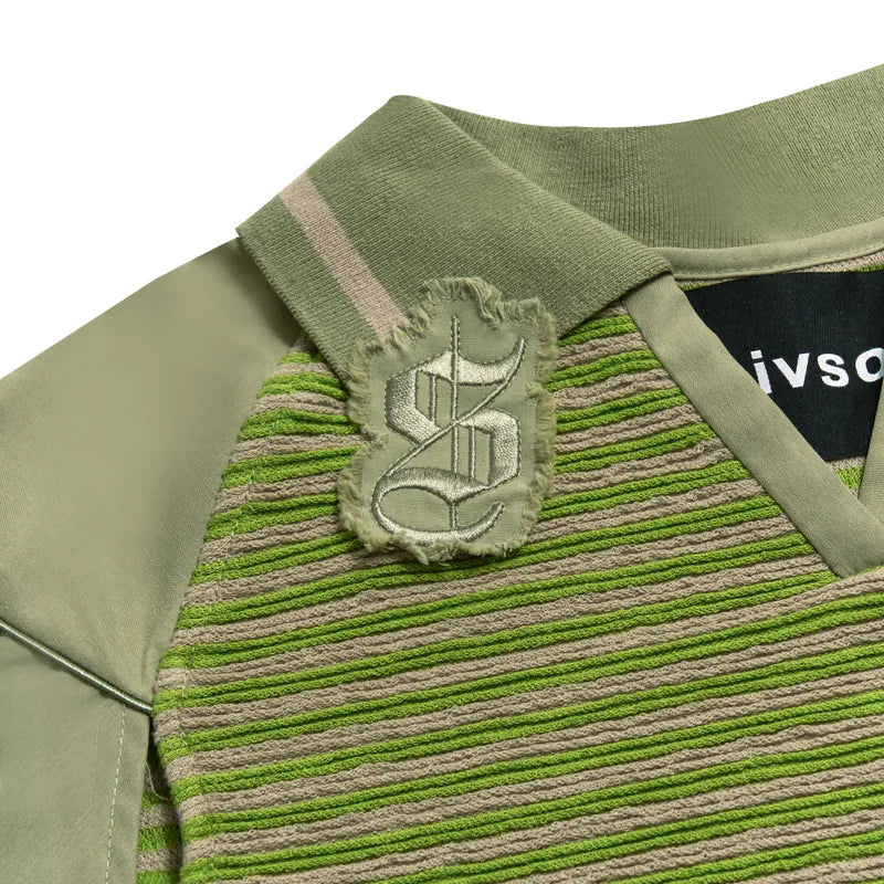 【Urban Cyber Collection】Futuristic Ribbed Collar Patchwork Polo Shirt - GREEN