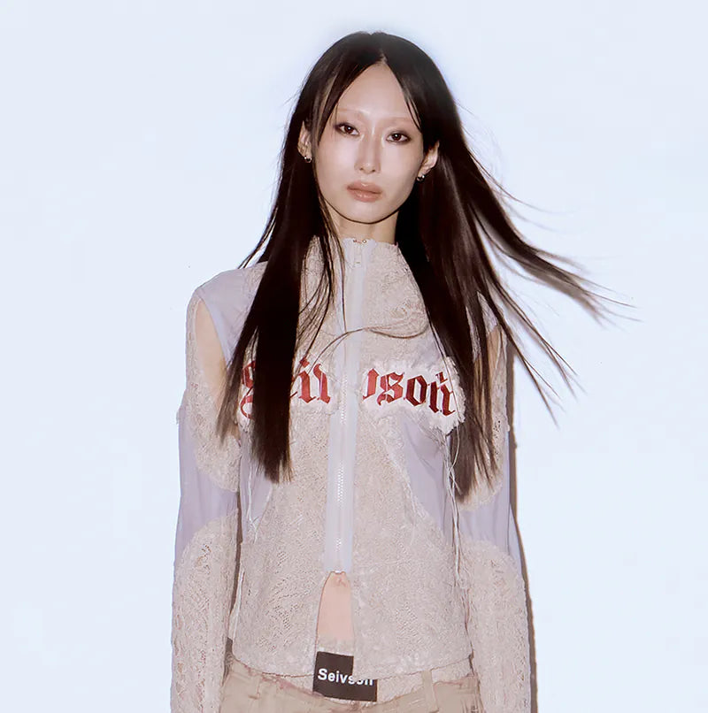【Seivson 2024AW】Japanese Lace Spliced Hollow Sun Protection Jacket -KAKHI