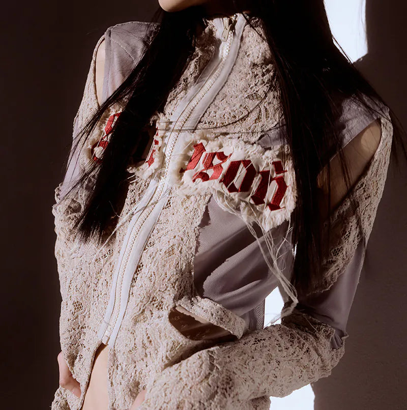 【Seivson 2024AW】Japanese Lace Spliced Hollow Sun Protection Jacket -KAKHI