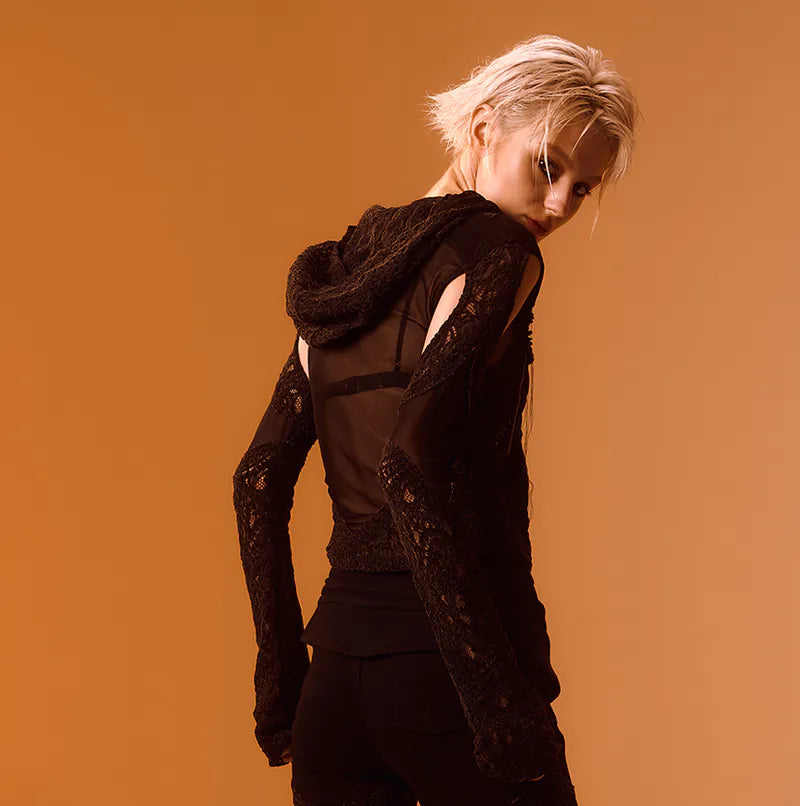 【Seivson 2024AW】Japanese Lace Spliced Hollow Sun Protection Jacket - BLACK