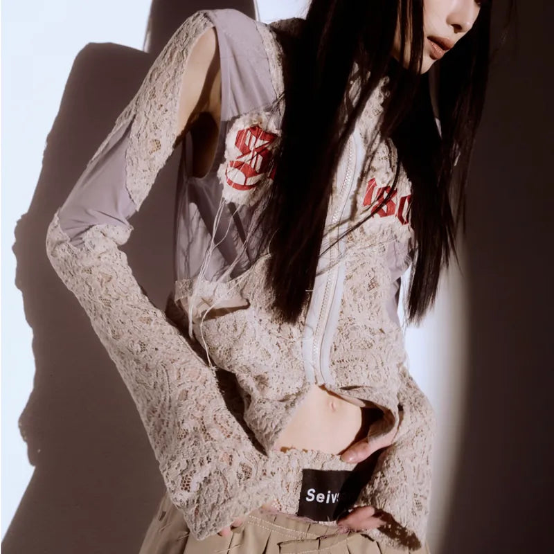 【Seivson 2024AW】Japanese Lace Spliced Hollow Sun Protection Jacket -KAKHI