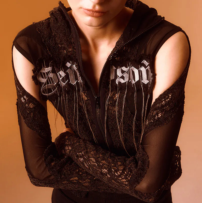 【Seivson 2024AW】Japanese Lace Spliced Hollow Sun Protection Jacket - BLACK