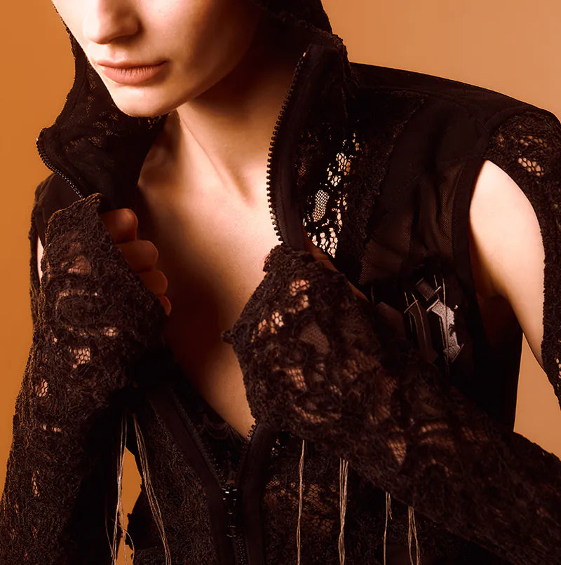 【Seivson 2024AW】Japanese Lace Spliced Hollow Sun Protection Jacket - BLACK