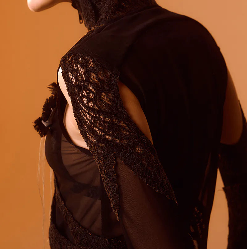 【Seivson 2024AW】Japanese Lace Spliced Hollow Sun Protection Jacket - BLACK