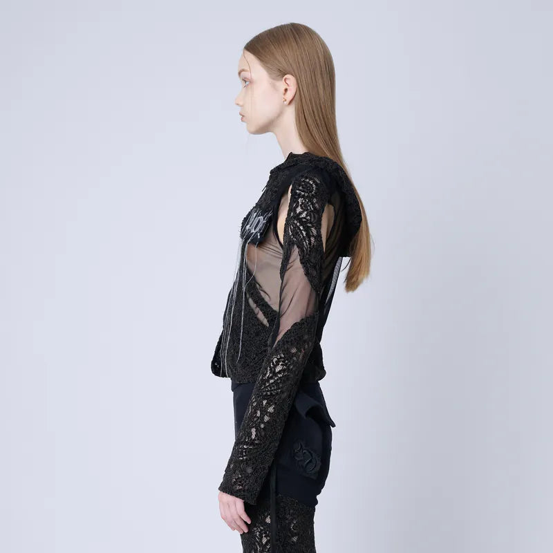 【Seivson 2024AW】Japanese Lace Spliced Hollow Sun Protection Jacket - BLACK