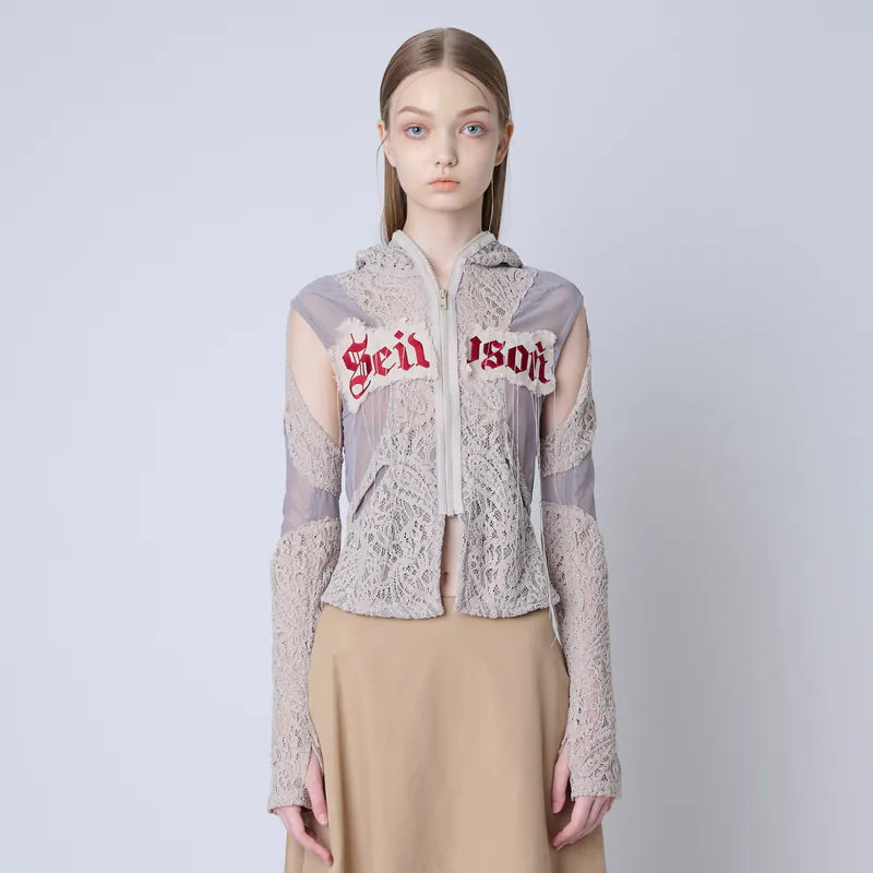 【Seivson 2024AW】Japanese Lace Spliced Hollow Sun Protection Jacket -KAKHI