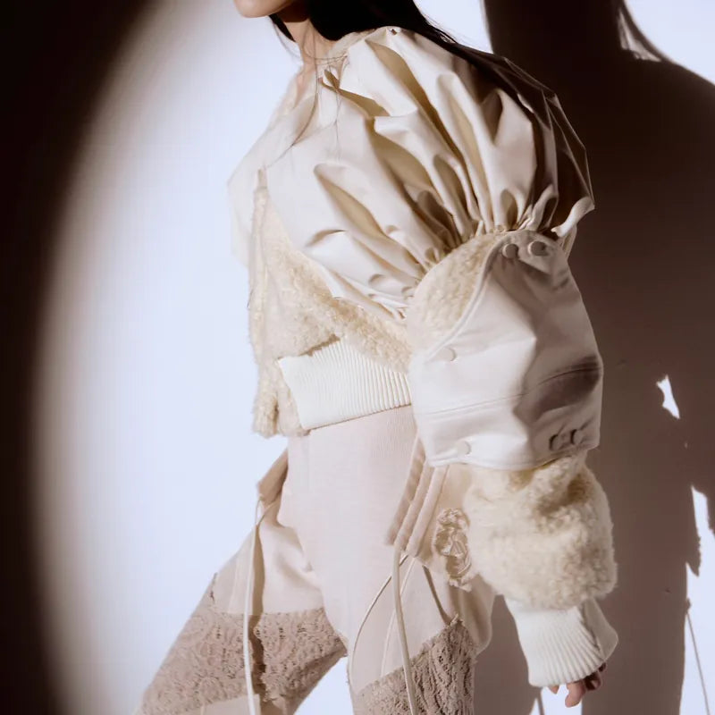 【Seivson 2024AW】 Japanese Leather Shearling Armor Varsity Jacket - WHITE