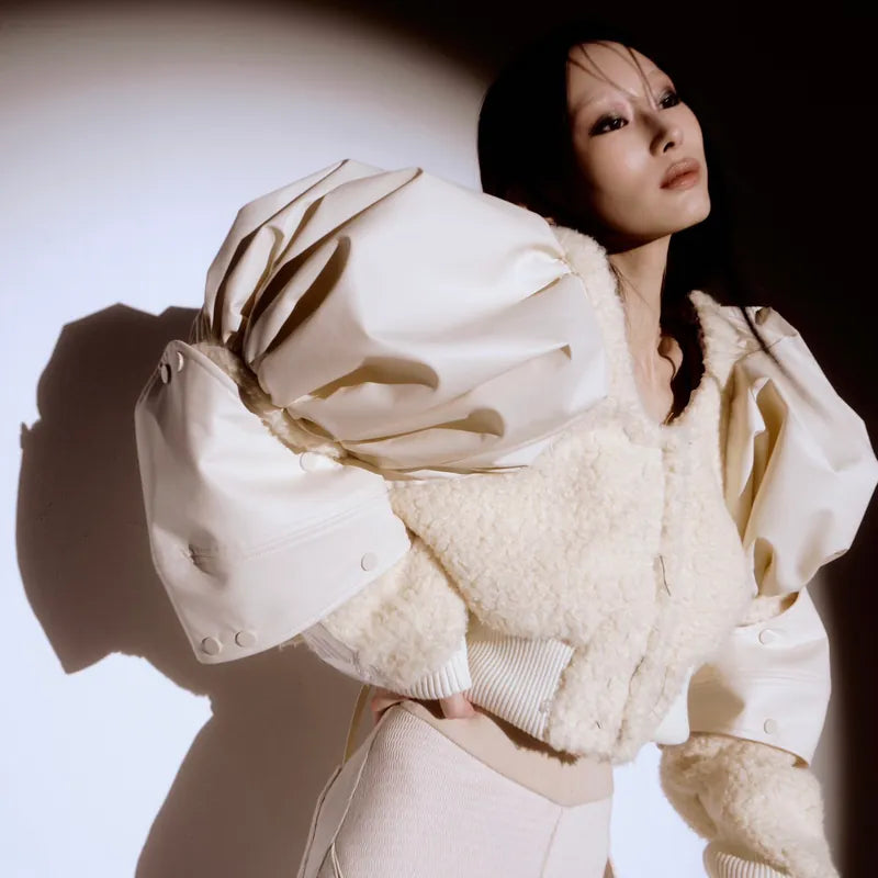 【Seivson 2024AW】 Japanese Leather Shearling Armor Varsity Jacket - WHITE