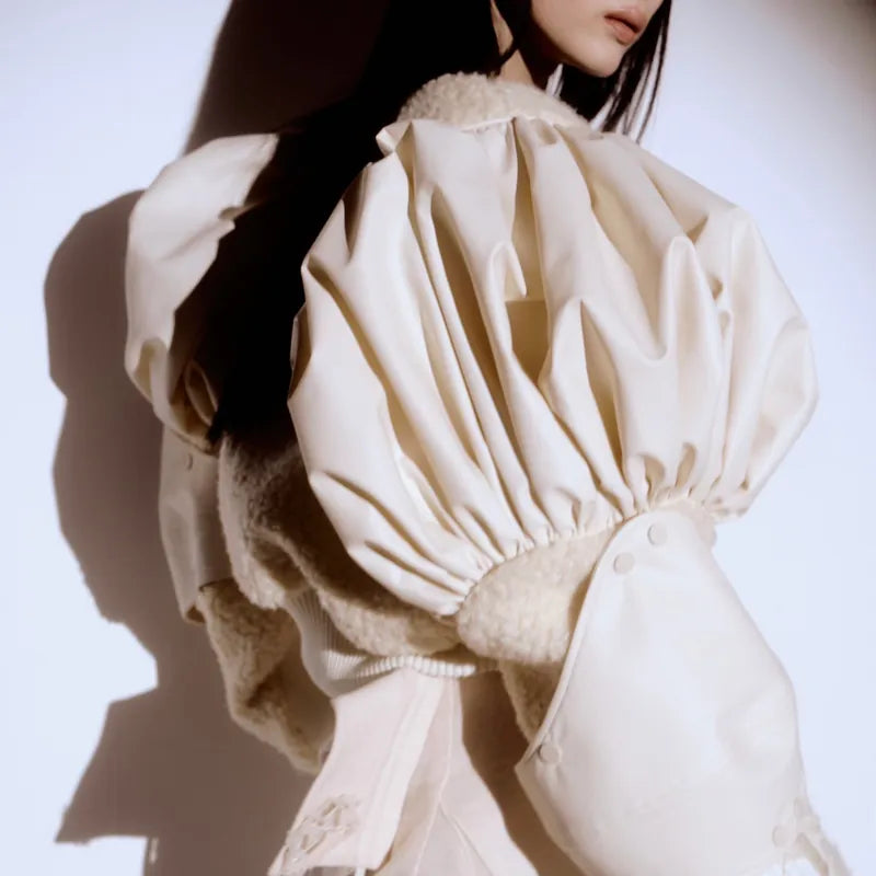 【Seivson 2024AW】 Japanese Leather Shearling Armor Varsity Jacket - WHITE