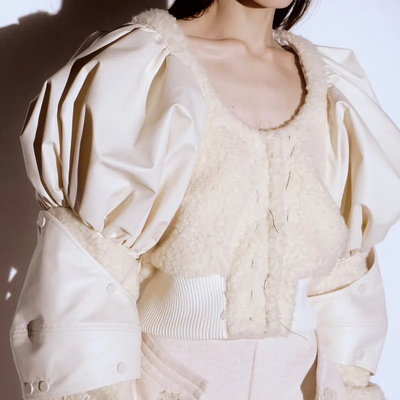 【Seivson 2024AW】 Japanese Leather Shearling Armor Varsity Jacket - WHITE