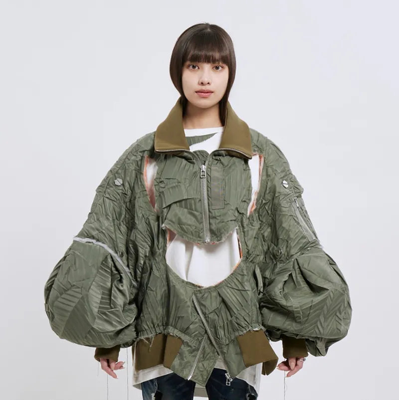 【Seivson 25SS】Deconstructed Hollow-Out Ruched Heavy-Processed MA-1 Bomber Jacket ㄧ Green