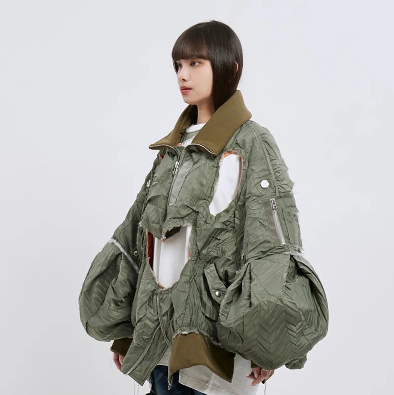 【Seivson 25SS】Deconstructed Hollow-Out Ruched Heavy-Processed MA-1 Bomber Jacket ㄧ Green