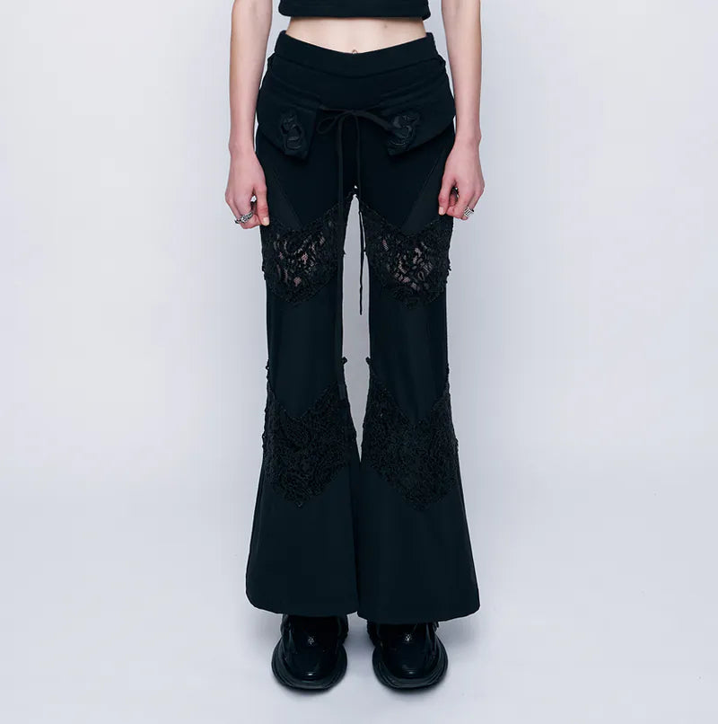 【Urban Cyber Collection】2-Way Layered V-Cut Lace Pants - BLACK