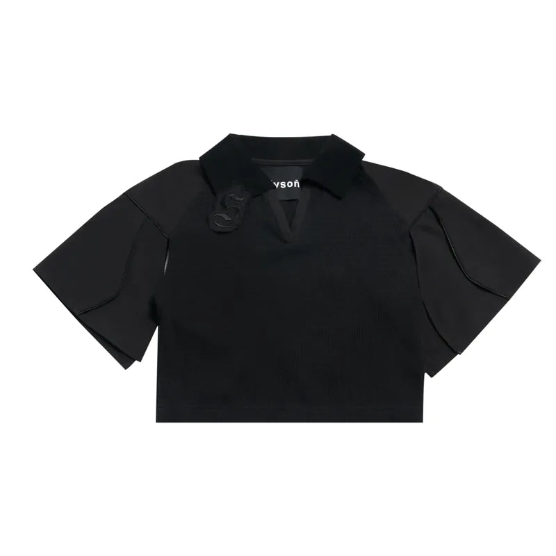 【Urban Cyber Collection】Futuristic Ribbed Collar Patchwork Polo Shirt - BLACK