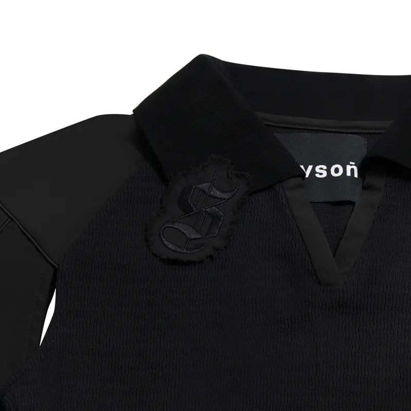 【Urban Cyber Collection】Futuristic Ribbed Collar Patchwork Polo Shirt - BLACK