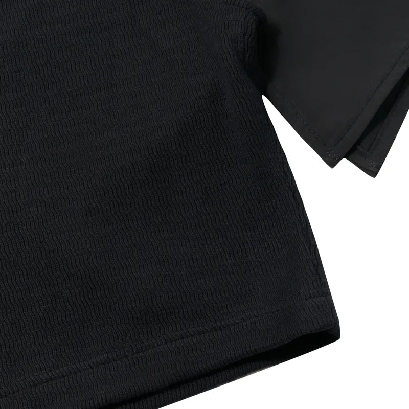 【Urban Cyber Collection】Futuristic Ribbed Collar Patchwork Polo Shirt - BLACK