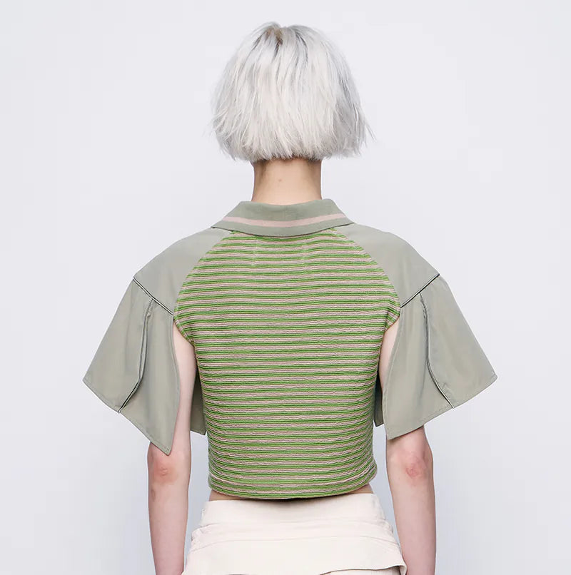 【Urban Cyber Collection】Futuristic Ribbed Collar Patchwork Polo Shirt - GREEN