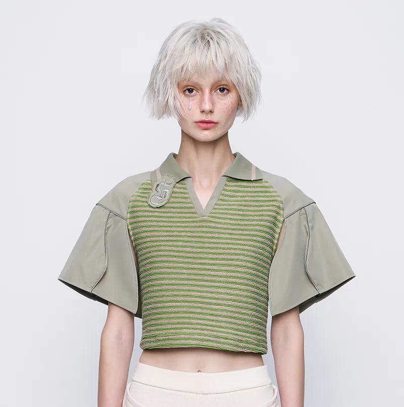 【Urban Cyber Collection】Futuristic Ribbed Collar Patchwork Polo Shirt - GREEN