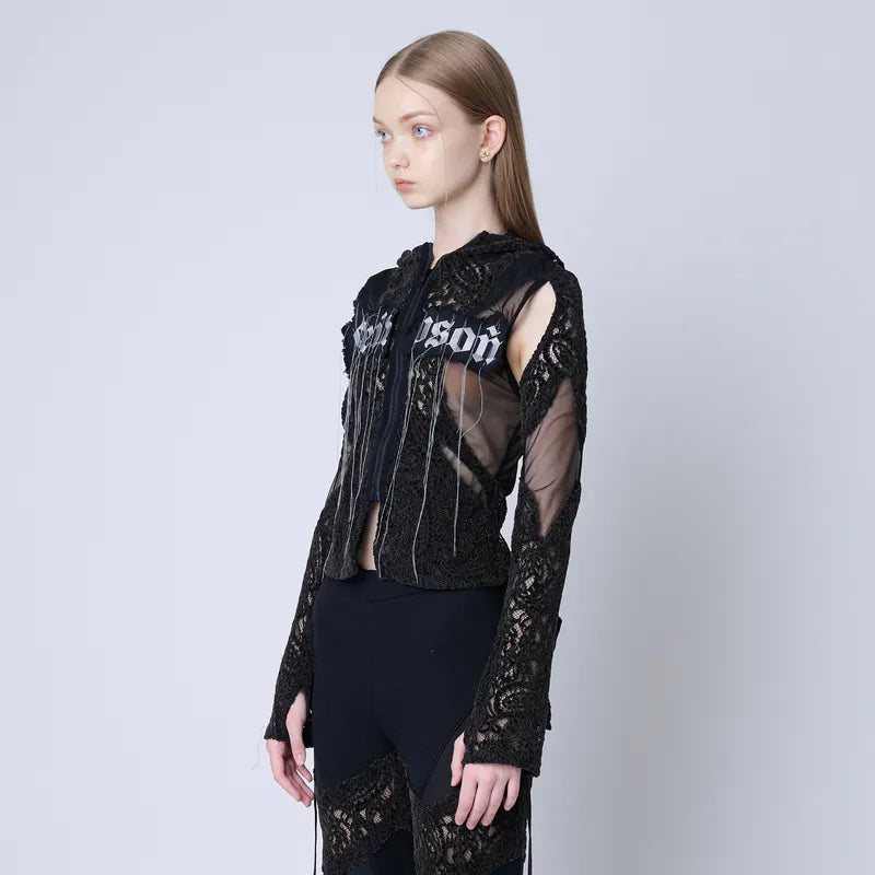 【Seivson 2024AW】Japanese Lace Spliced Hollow Sun Protection Jacket - BLACK