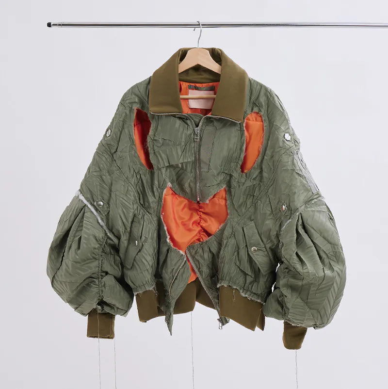 【Seivson 25SS】Deconstructed Hollow-Out Ruched Heavy-Processed MA-1 Bomber Jacket ㄧ Green