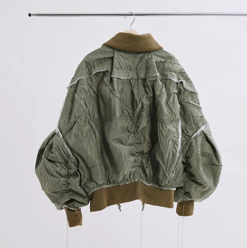 【Seivson 25SS】Deconstructed Hollow-Out Ruched Heavy-Processed MA-1 Bomber Jacket ㄧ Green