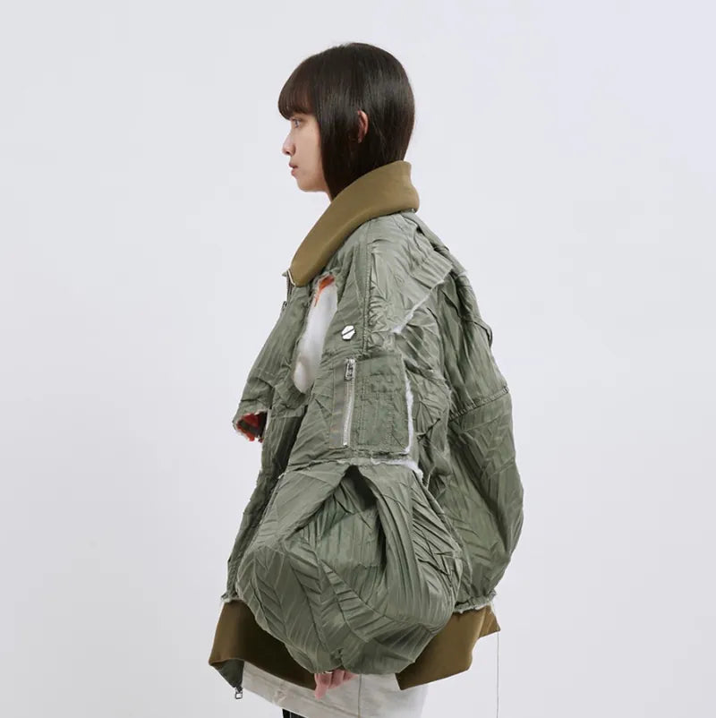 【Seivson 25SS】Deconstructed Hollow-Out Ruched Heavy-Processed MA-1 Bomber Jacket ㄧ Green