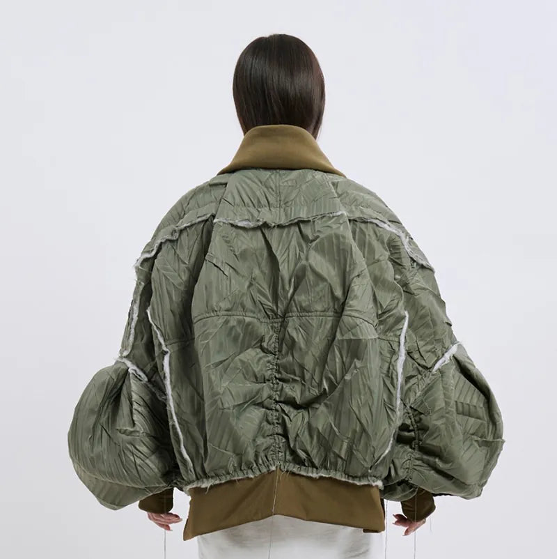 【Seivson 25SS】Deconstructed Hollow-Out Ruched Heavy-Processed MA-1 Bomber Jacket ㄧ Green