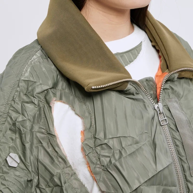 【Seivson 25SS】Deconstructed Hollow-Out Ruched Heavy-Processed MA-1 Bomber Jacket ㄧ Green