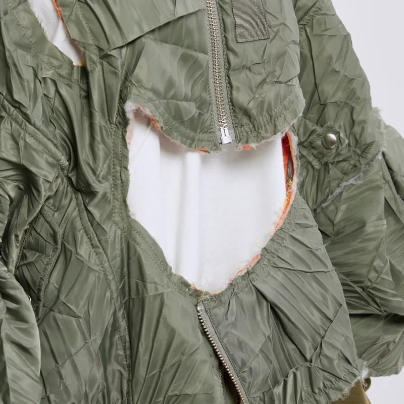 【Seivson 25SS】Deconstructed Hollow-Out Ruched Heavy-Processed MA-1 Bomber Jacket ㄧ Green