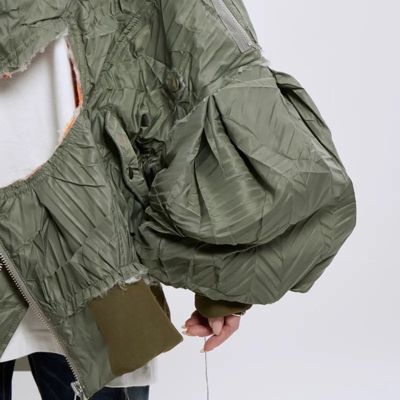 【Seivson 25SS】Deconstructed Hollow-Out Ruched Heavy-Processed MA-1 Bomber Jacket ㄧ Green